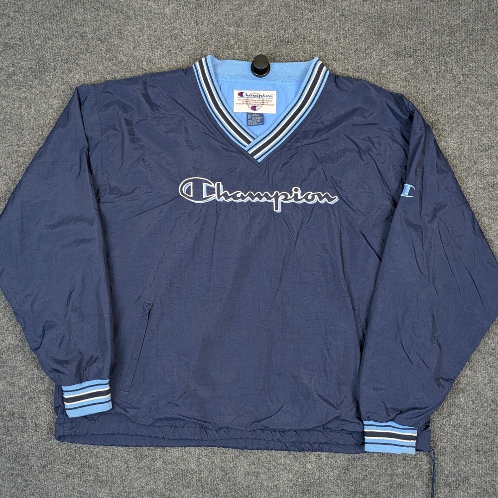 Champion Mens XXL Navy Blue V-Neck Windbreaker Pullover Embroidered Logo Jacket
